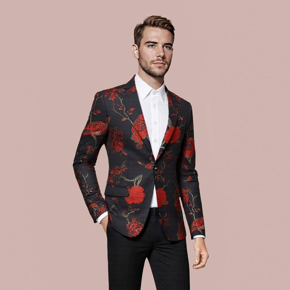 Red # Men's one-button notched lapel embroidered blazer, slim fit red sport coat jacket with elegant embroidery and soft breathable polyester spandex fabric for party, prom, banquet, performance and special occasions, isolated on white background.