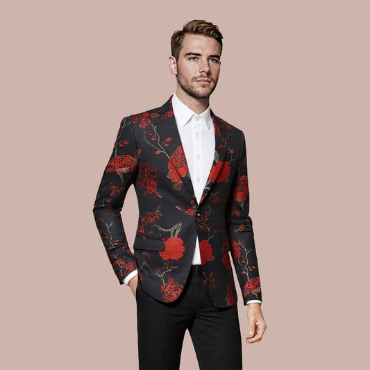 Red # Men's one-button notched lapel embroidered blazer, slim fit red sport coat jacket with elegant embroidery and soft breathable polyester spandex fabric for party, prom, banquet, performance and special occasions, isolated on white background.