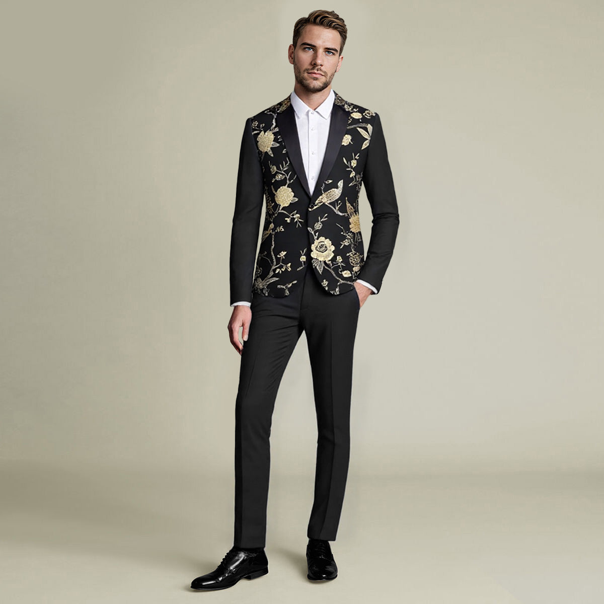 Black # Men's slim fit 2-piece embroidered floral suit with notched lapel and single-breasted closure, black formal blazer jacket with gold floral embroidery and center back vent, fully lined with matching trousers for wedding, prom, party and special occasions, isolated on white background.