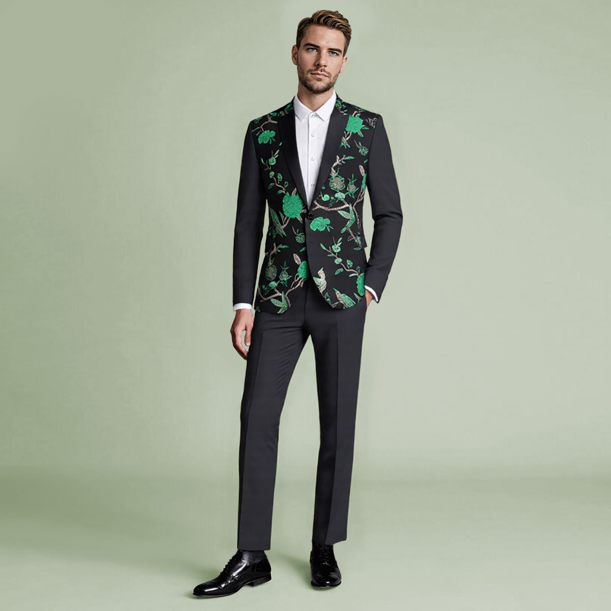 Green # Men's slim fit 2-piece embroidered floral suit with notched lapel and single-breasted button closure, green formal blazer jacket with center back vent and fully lined interior, matching flat-front trousers for wedding, prom, party and special occasions, isolated on white background.
