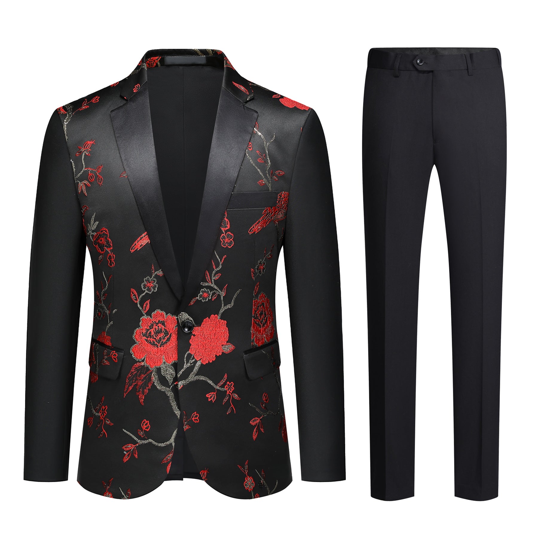 Red # Men's slim fit 2-piece embroidered floral suit with notched lapel and single-breasted button closure, red formal blazer jacket with floral embroidery and center back vent, fully lined with matching trousers for wedding, prom, party and special occasions, isolated on white background.
