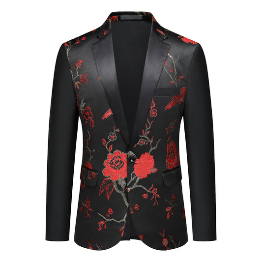 Red # Men's slim fit 2-piece embroidered floral suit with notched lapel and single-breasted button closure, red formal blazer jacket with floral embroidery and center back vent, fully lined with matching trousers for wedding, prom, party and special occasions, isolated on white background.