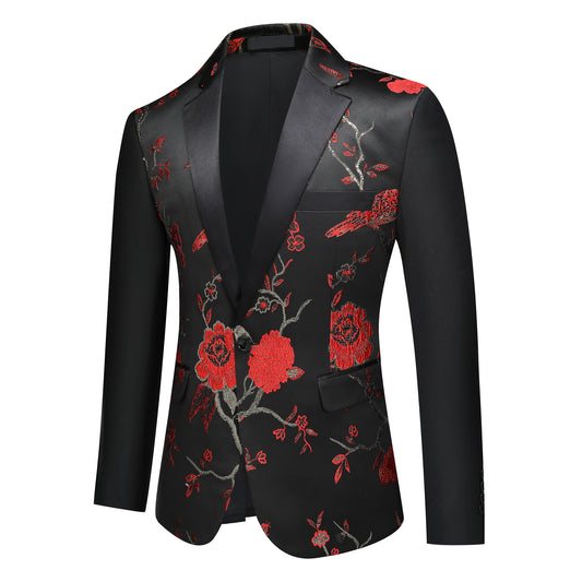 Red # Men's slim fit 2-piece embroidered floral suit with notched lapel and single-breasted button closure, red formal blazer jacket with floral embroidery and center back vent, fully lined with matching trousers for wedding, prom, party and special occasions, isolated on white background.