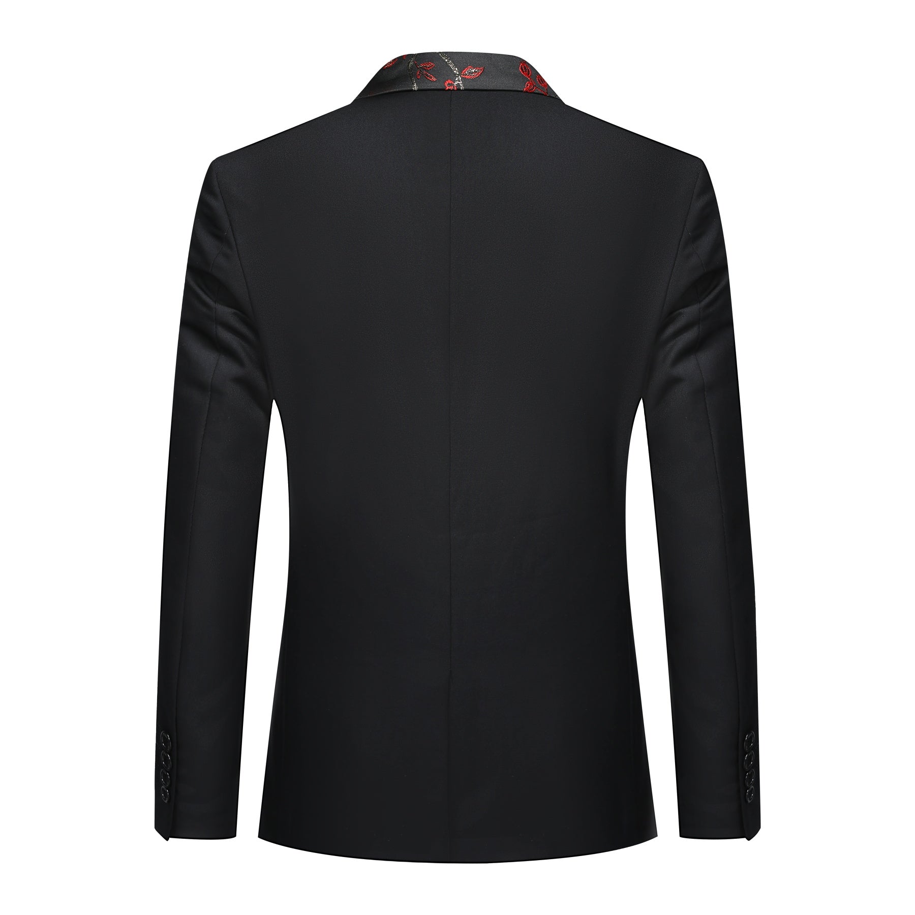 Red # Men's slim fit 2-piece embroidered floral suit with notched lapel and single-breasted button closure, red formal blazer jacket with floral embroidery and center back vent, fully lined with matching trousers for wedding, prom, party and special occasions, isolated on white background.