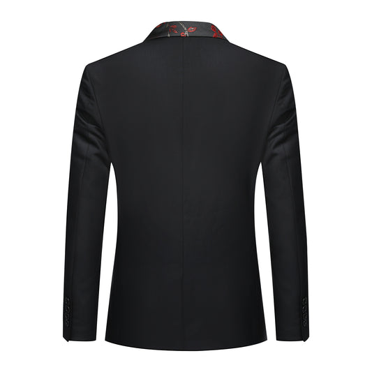 Red # Men's slim fit 2-piece embroidered floral suit with notched lapel and single-breasted button closure, red formal blazer jacket with floral embroidery and center back vent, fully lined with matching trousers for wedding, prom, party and special occasions, isolated on white background.