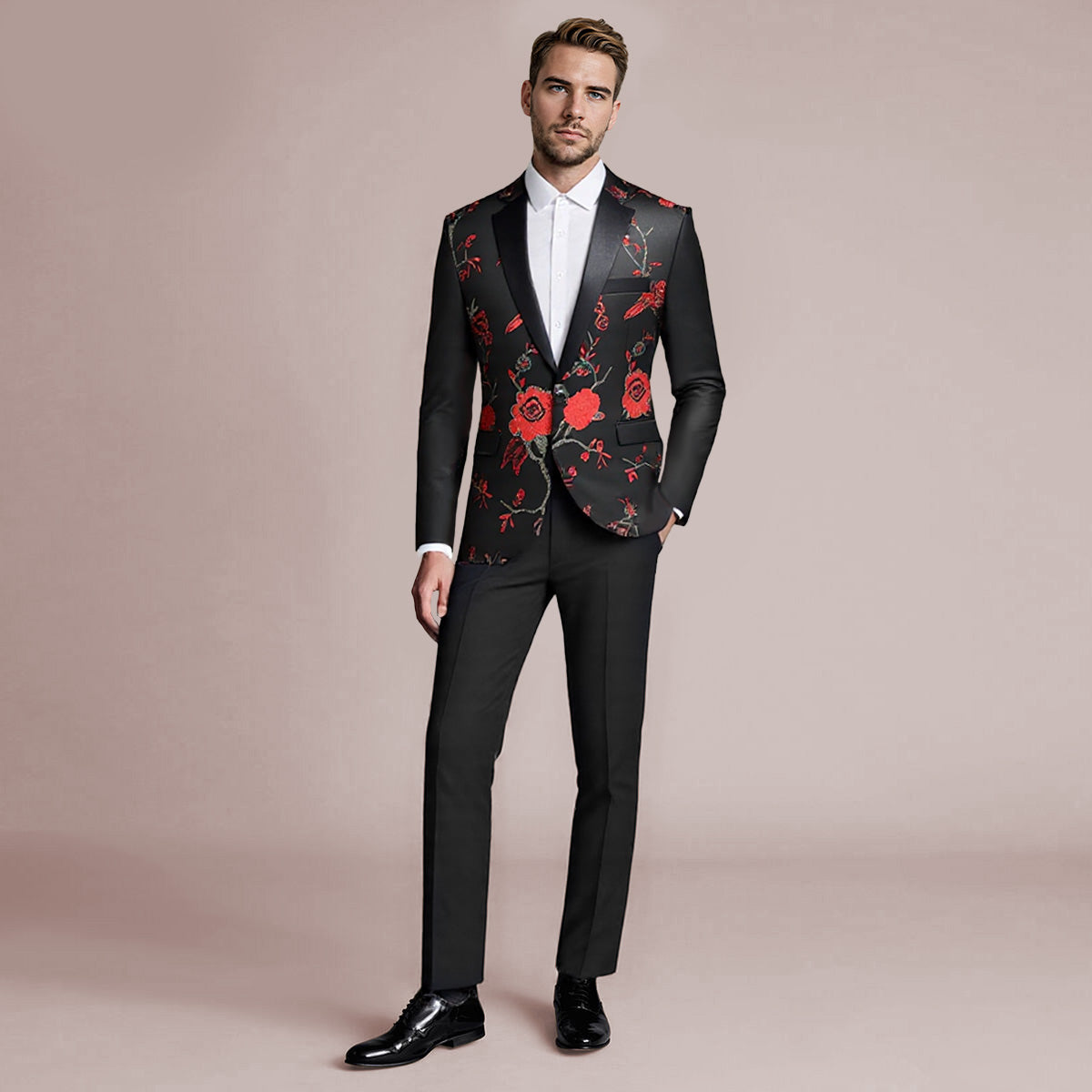 Red # Men's slim fit 2-piece embroidered floral suit with notched lapel and single-breasted button closure, red formal blazer jacket with floral embroidery and center back vent, fully lined with matching trousers for wedding, prom, party and special occasions, isolated on white background.