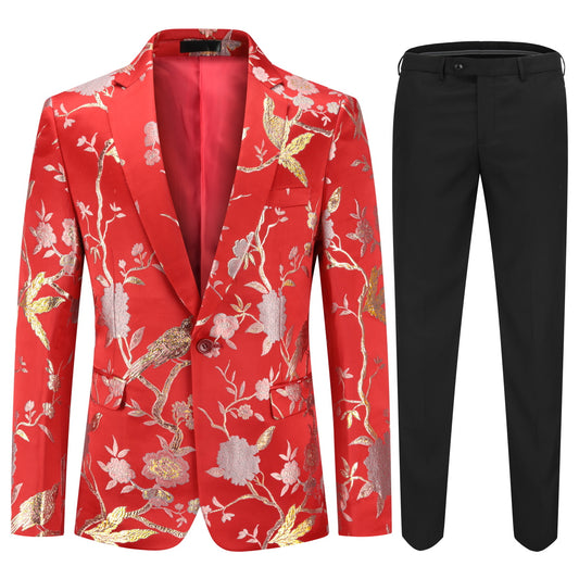 Red # Men's one-button notched lapel embroidered suit with single-breasted closure and slim fit, soft and breathable polyester spandex formal blazer jacket with elegant embroidery, matching trousers for party, prom, banquet, show, festival and special occasions, isolated on white background.