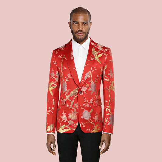 Red # Men's one-button notched lapel embroidered suit with single-breasted closure and slim fit, soft and breathable polyester spandex formal blazer jacket with elegant embroidery, matching trousers for party, prom, banquet, show, festival and special occasions, isolated on white background.