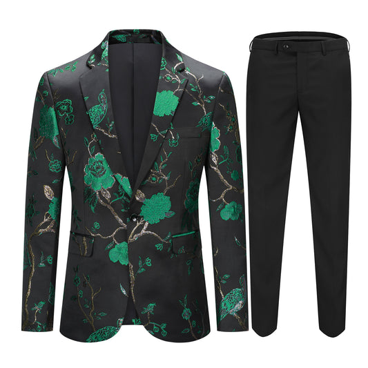 Green # Men's slim fit one-button embroidered 2-piece suit, notched lapel single-breasted blazer jacket with matching trousers, green floral embroidery formal wear for wedding, party, prom and special occasions, isolated on white background.
