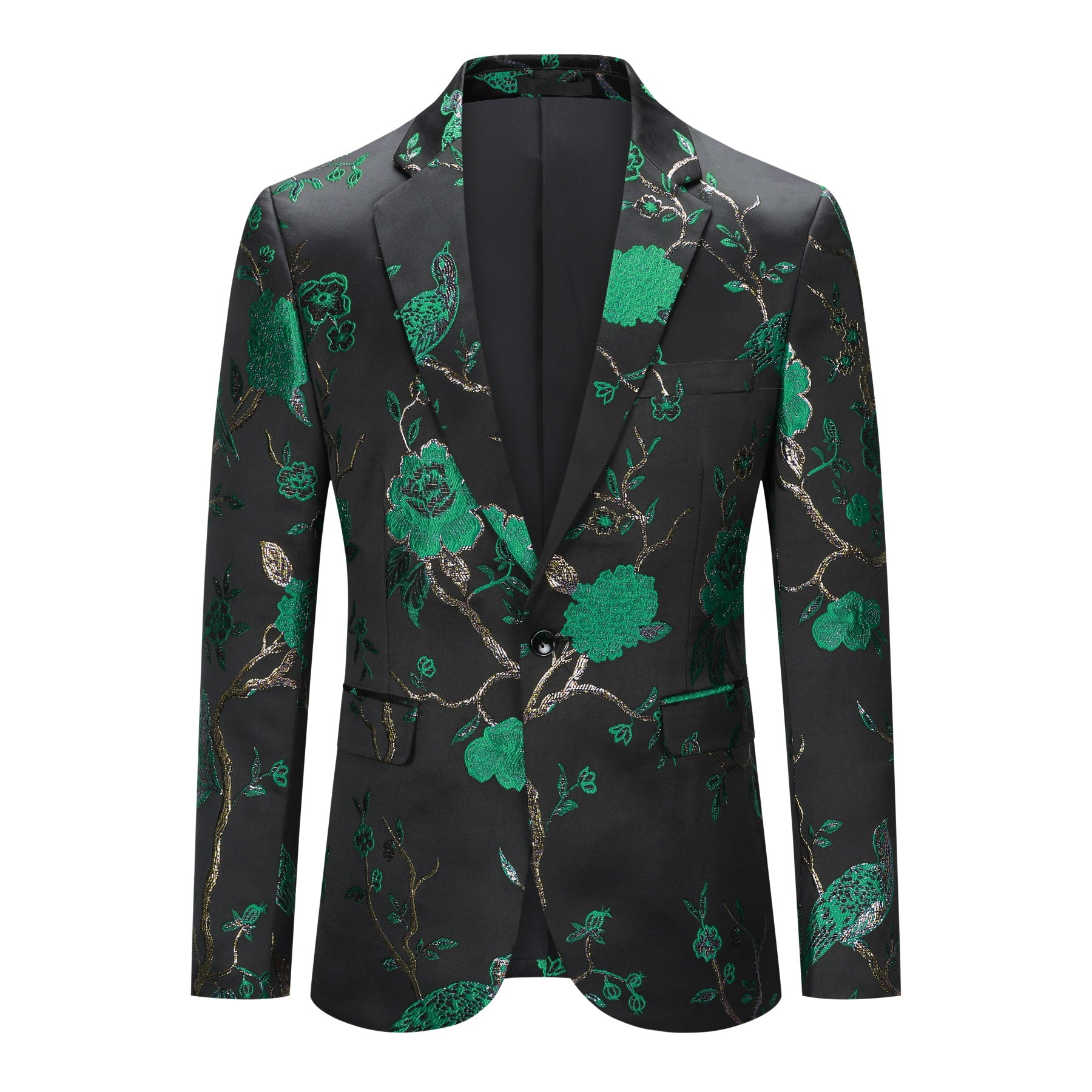 Green # Men's slim fit one-button embroidered 2-piece suit, notched lapel single-breasted blazer jacket with matching trousers, green floral embroidery formal wear for wedding, party, prom and special occasions, isolated on white background.