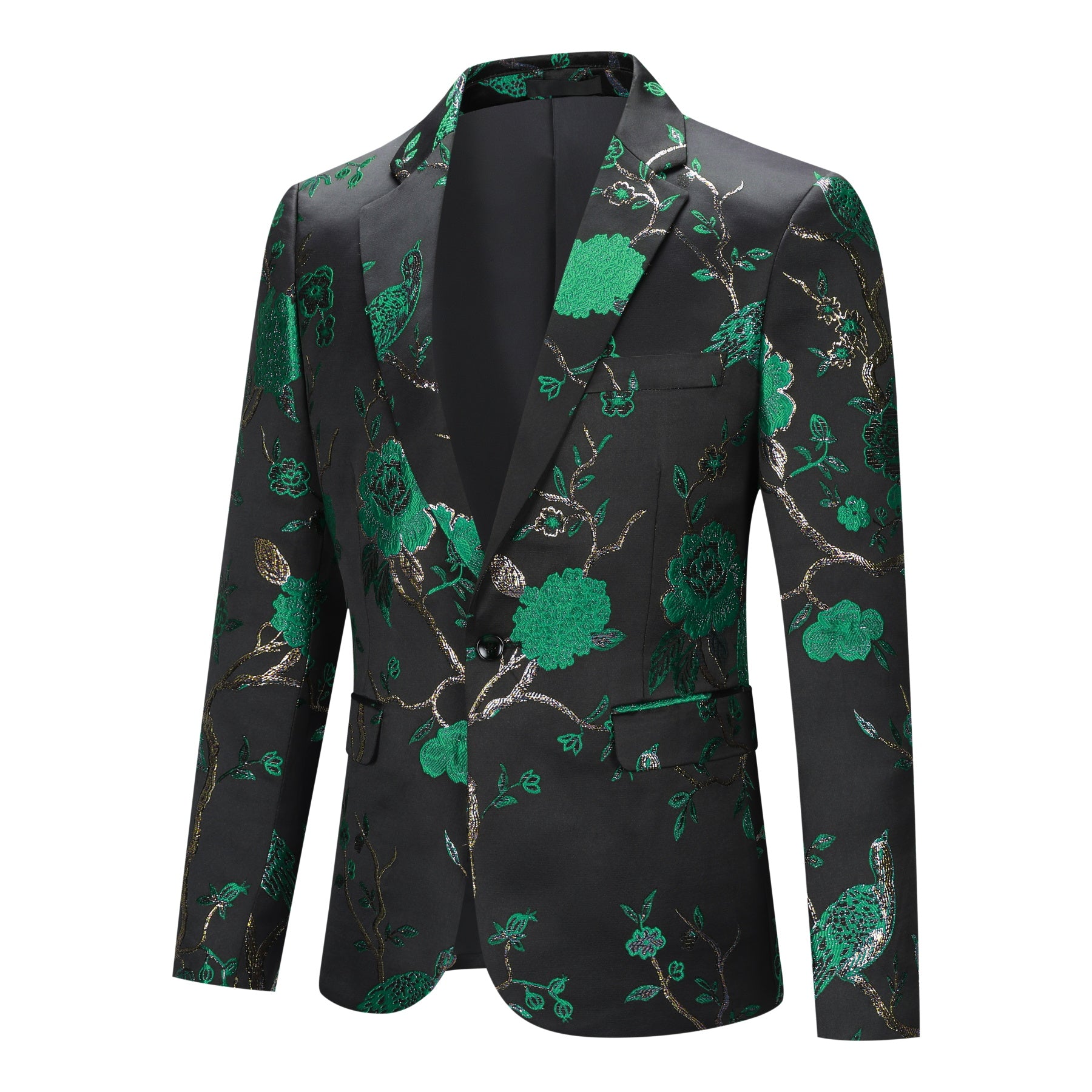 Green # Men's slim fit one-button embroidered 2-piece suit, notched lapel single-breasted blazer jacket with matching trousers, green floral embroidery formal wear for wedding, party, prom and special occasions, isolated on white background.