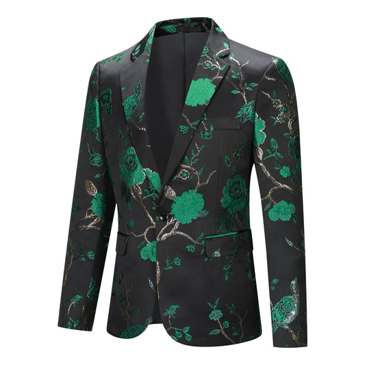 Green # Men's slim fit one-button embroidered 2-piece suit, notched lapel single-breasted blazer jacket with matching trousers, green floral embroidery formal wear for wedding, party, prom and special occasions, isolated on white background.