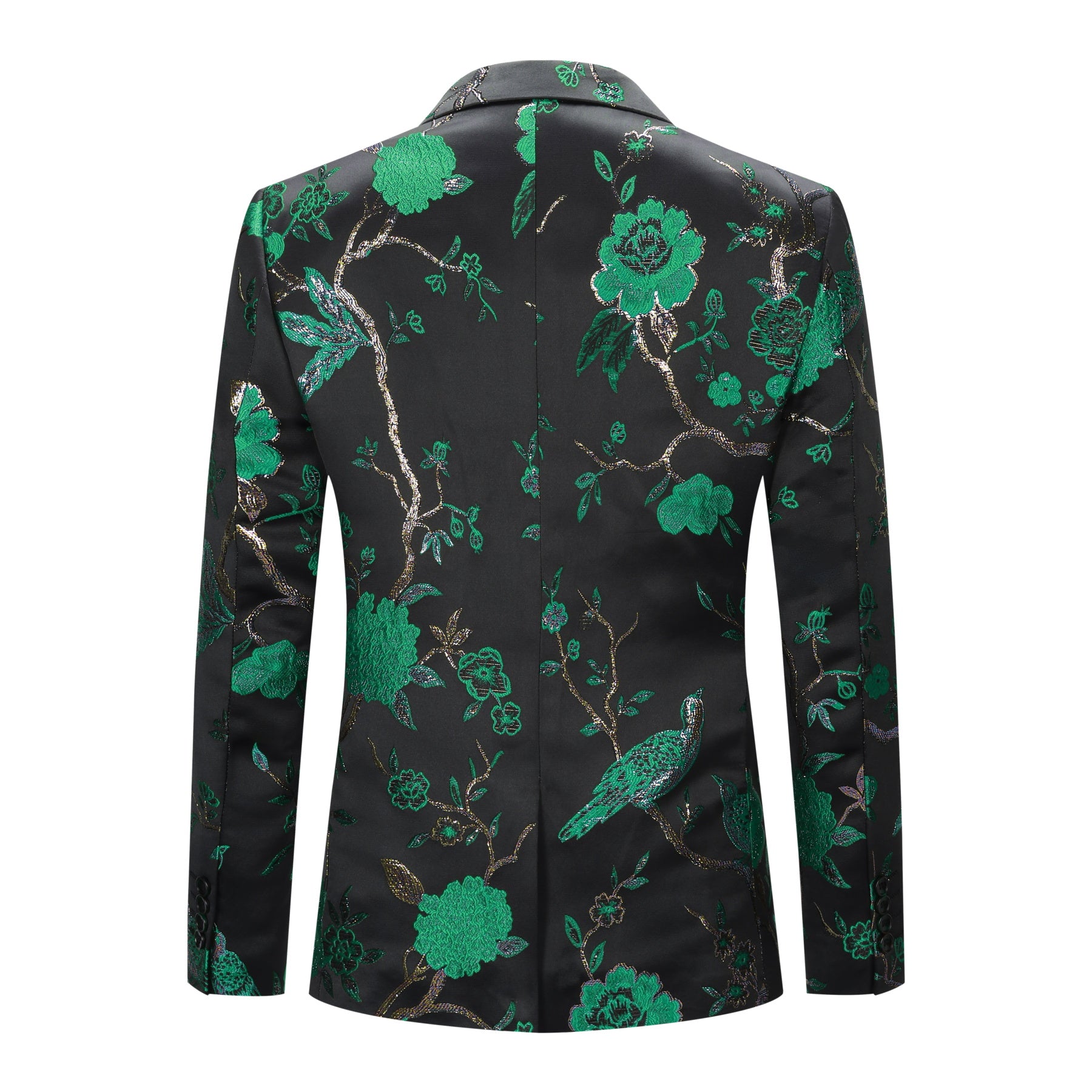 Green # Men's slim fit one-button embroidered 2-piece suit, notched lapel single-breasted blazer jacket with matching trousers, green floral embroidery formal wear for wedding, party, prom and special occasions, isolated on white background.