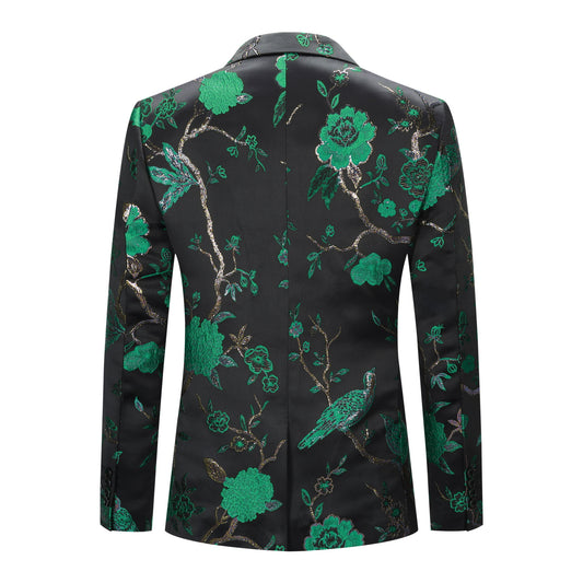 Green # Men's slim fit one-button embroidered 2-piece suit, notched lapel single-breasted blazer jacket with matching trousers, green floral embroidery formal wear for wedding, party, prom and special occasions, isolated on white background.