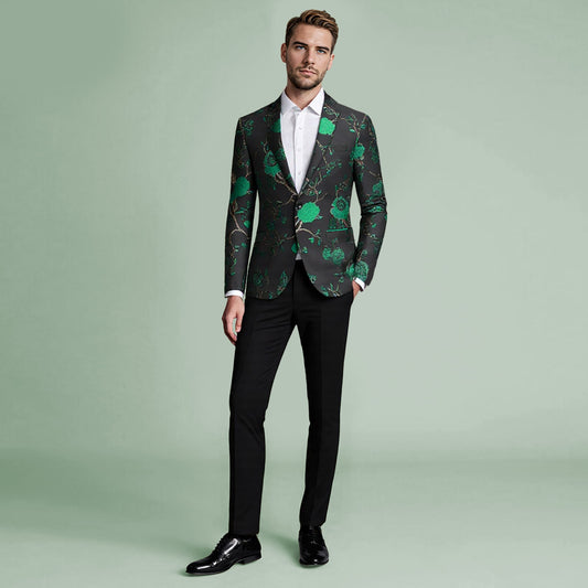 Green # Men's slim fit one-button embroidered 2-piece suit, notched lapel single-breasted blazer jacket with matching trousers, green floral embroidery formal wear for wedding, party, prom and special occasions, isolated on white background.