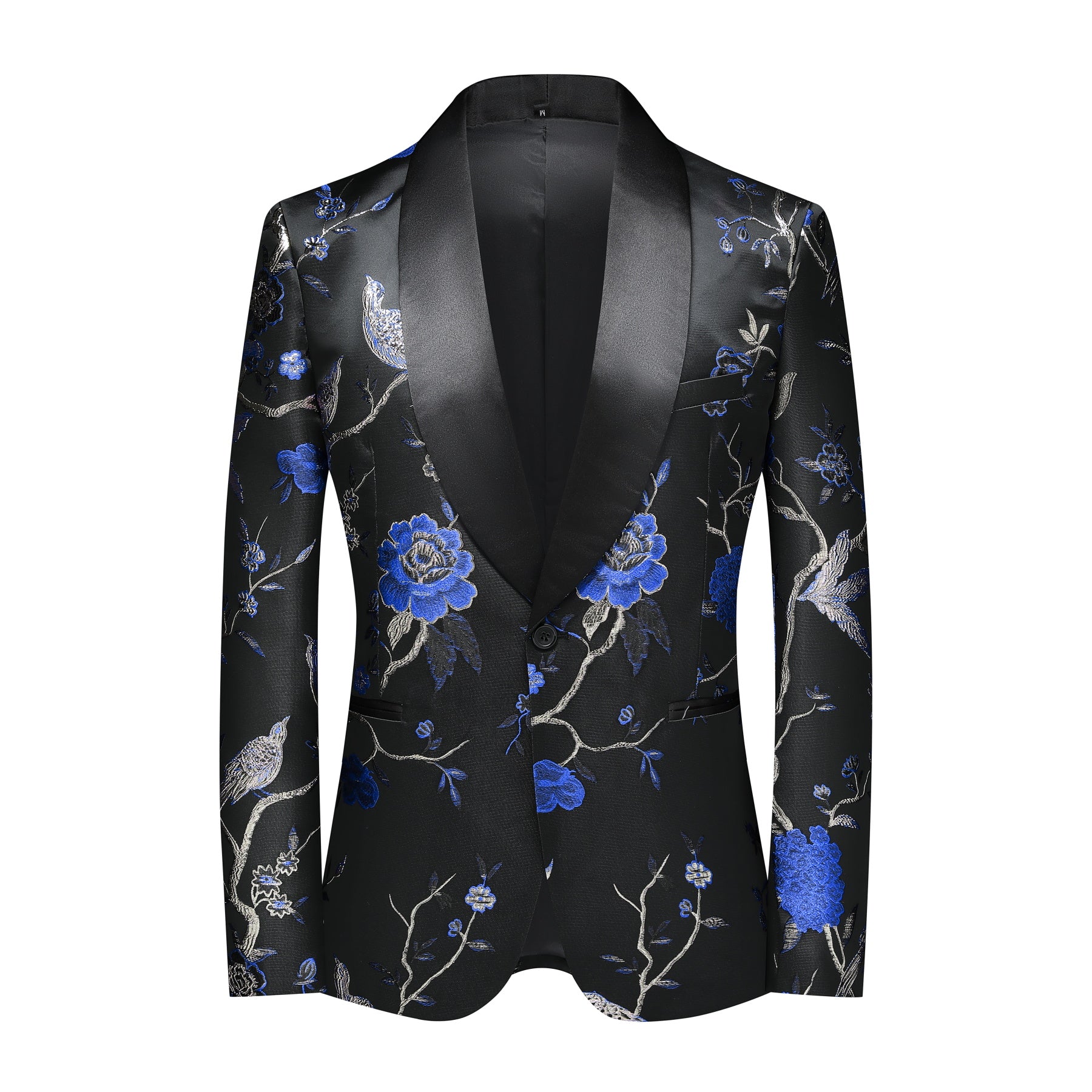 Light Blue # Men's slim fit one-button notch lapel embroidered suit, light blue bird embroidered blazer jacket with matching trousers, fully lined formal wear for wedding, prom, party and business occasions, isolated on white background.