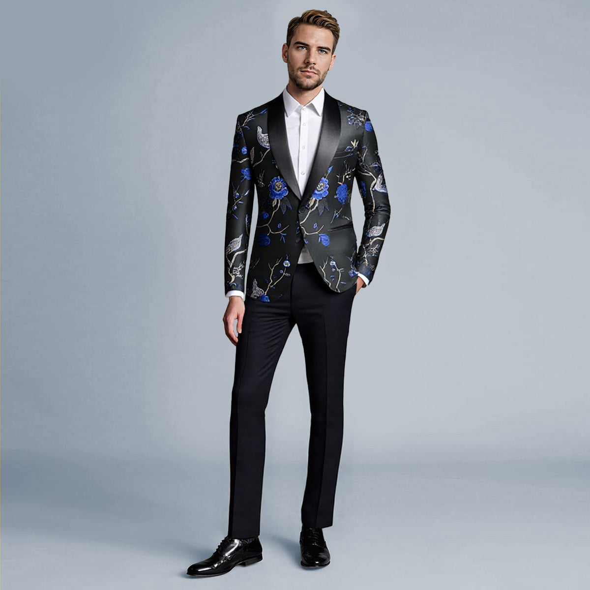 Light Blue # Men's slim fit one-button notch lapel embroidered suit, light blue bird embroidered blazer jacket with matching trousers, fully lined formal wear for wedding, prom, party and business occasions, isolated on white background.