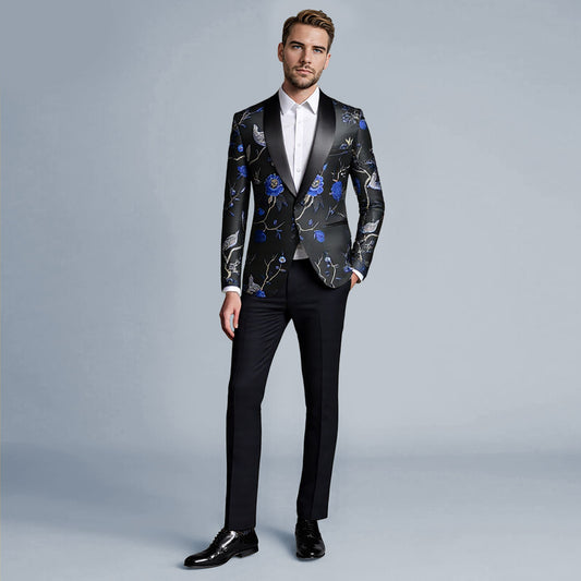 Light Blue # Men's slim fit one-button notch lapel embroidered suit, light blue bird embroidered blazer jacket with matching trousers, fully lined formal wear for wedding, prom, party and business occasions, isolated on white background.