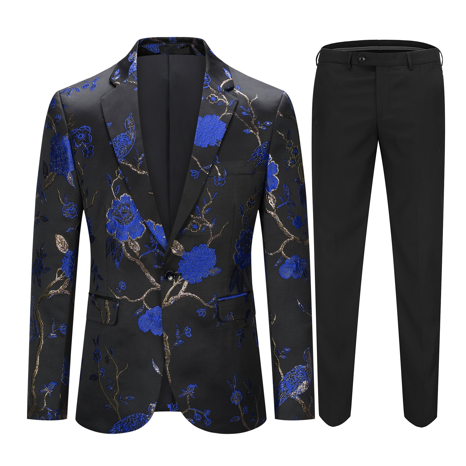 Blue # Men's slim fit one-button embroidered 2-piece suit with notched lapel and single-breasted closure, blue floral embroidery blazer jacket with matching trousers, fully lined formal wear for wedding, party, business and daily office, isolated on white background.