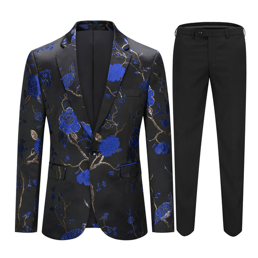 Blue # Men's slim fit one-button embroidered 2-piece suit with notched lapel and single-breasted closure, blue floral embroidery blazer jacket with matching trousers, fully lined formal wear for wedding, party, business and daily office, isolated on white background.