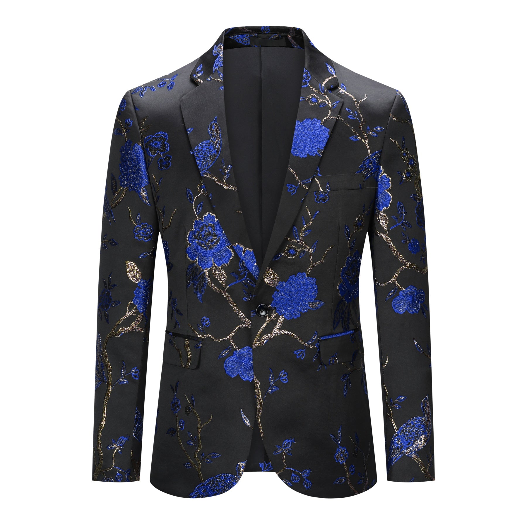 Blue # Men's slim fit one-button embroidered 2-piece suit with notched lapel and single-breasted closure, blue floral embroidery blazer jacket with matching trousers, fully lined formal wear for wedding, party, business and daily office, isolated on white background.