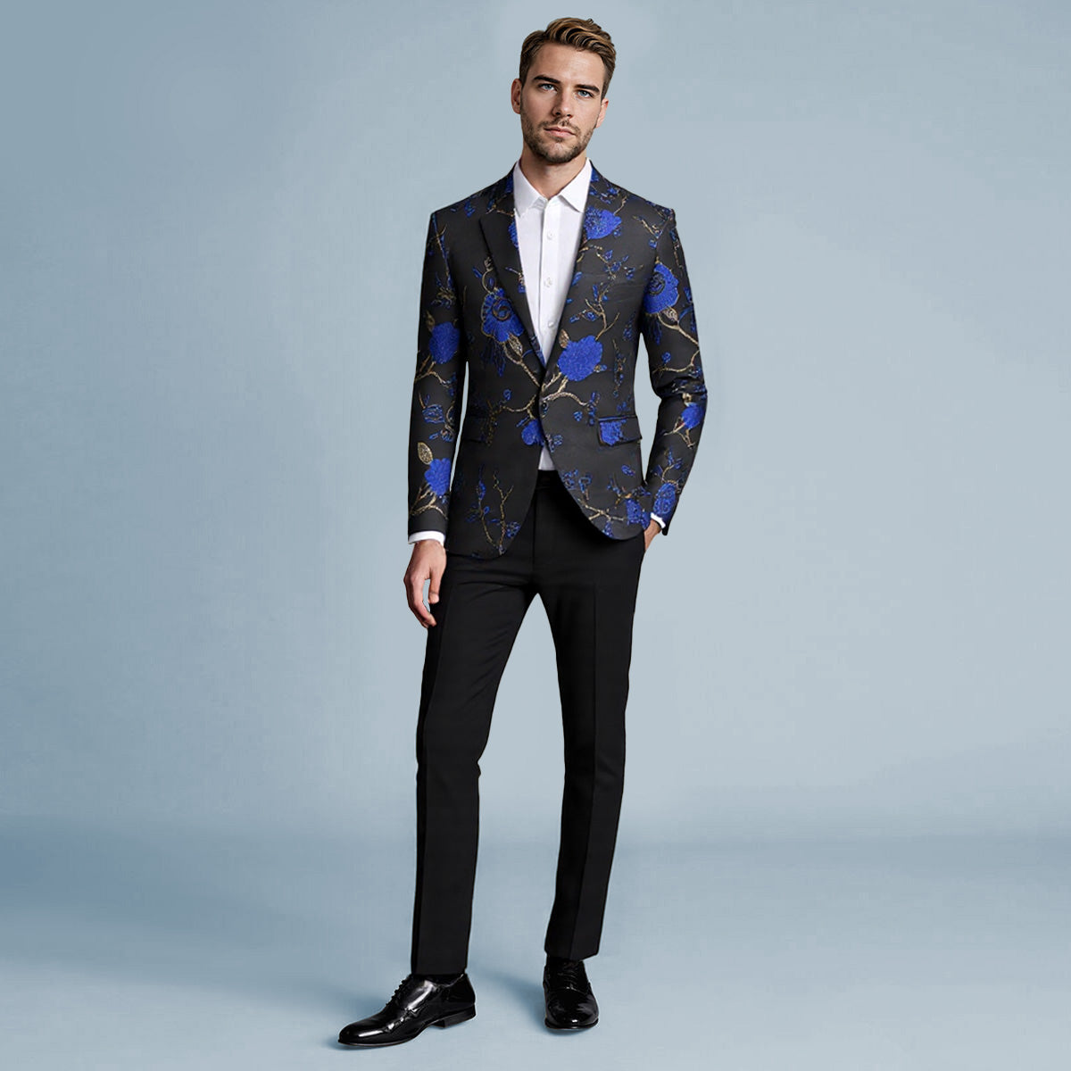 Blue # Men's slim fit one-button embroidered 2-piece suit with notched lapel and single-breasted closure, blue floral embroidery blazer jacket with matching trousers, fully lined formal wear for wedding, party, business and daily office, isolated on white background.