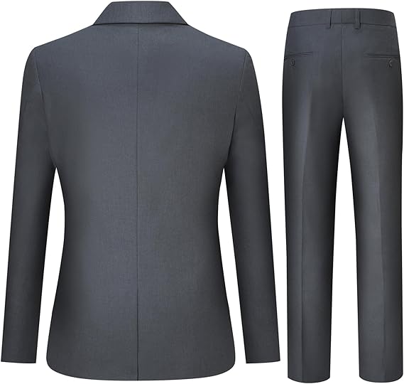 Dark Grey # Men's slim fit double breasted solid color suit, peaked lapel 2-piece formal blazer jacket with matching trousers, elegant dark grey business suit for office, wedding, prom and daily wear, isolated on white background.