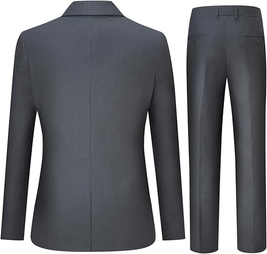 Dark Grey # Men's slim fit double breasted solid color suit, peaked lapel 2-piece formal blazer jacket with matching trousers, elegant dark grey business suit for office, wedding, prom and daily wear, isolated on white background.