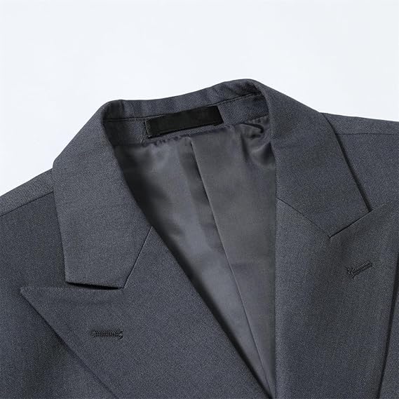 Dark Grey # Men's slim fit double breasted solid color suit, peaked lapel 2-piece formal blazer jacket with matching trousers, elegant dark grey business suit for office, wedding, prom and daily wear, isolated on white background.