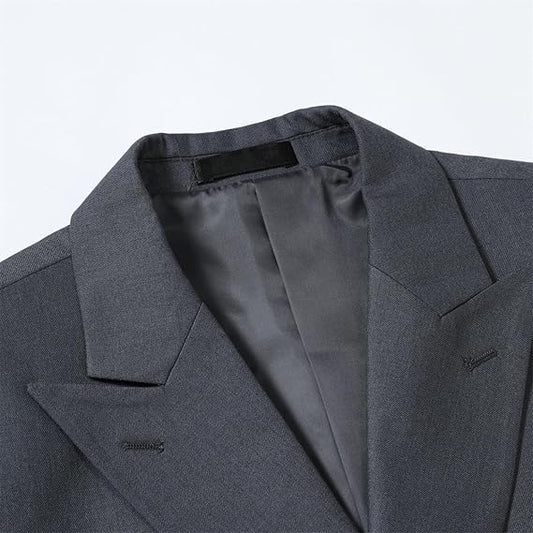Dark Grey # Men's slim fit double breasted solid color suit, peaked lapel 2-piece formal blazer jacket with matching trousers, elegant dark grey business suit for office, wedding, prom and daily wear, isolated on white background.