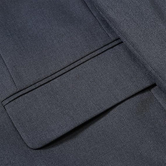 Dark Grey # Men's slim fit double breasted solid color suit, peaked lapel 2-piece formal blazer jacket with matching trousers, elegant dark grey business suit for office, wedding, prom and daily wear, isolated on white background.