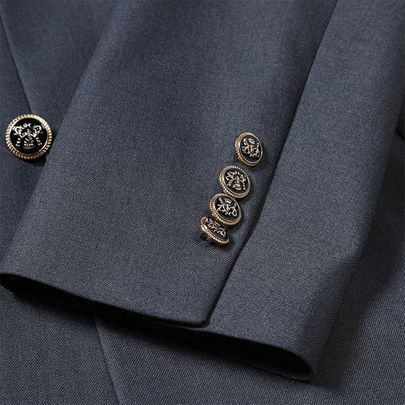 Dark Grey # Men's slim fit double breasted solid color suit, peaked lapel 2-piece formal blazer jacket with matching trousers, elegant dark grey business suit for office, wedding, prom and daily wear, isolated on white background.