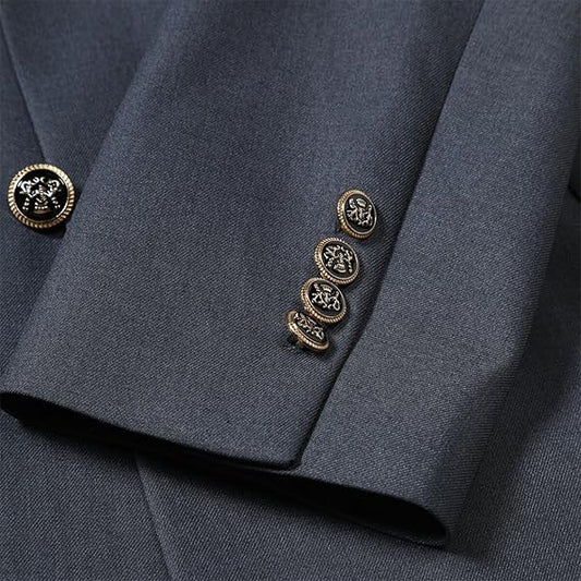 Dark Grey # Men's slim fit double breasted solid color suit, peaked lapel 2-piece formal blazer jacket with matching trousers, elegant dark grey business suit for office, wedding, prom and daily wear, isolated on white background.