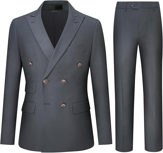 Dark Grey # Men's slim fit double breasted solid color suit, peaked lapel 2-piece formal blazer jacket with matching trousers, elegant dark grey business suit for office, wedding, prom and daily wear, isolated on white background.