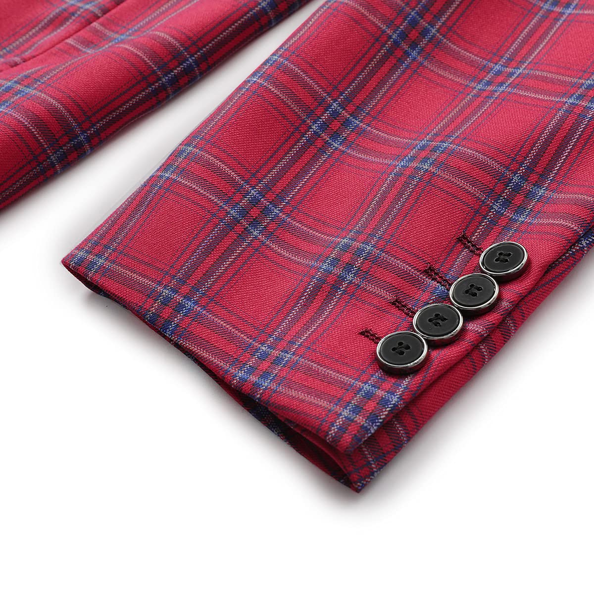 Red # Men's slim fit 1-button plaid suit blazer, red tartan sport coat with notched lapel and back vent, stylish tweed jacket with flap pockets and full lining for wedding, prom, business, party and daily wear, isolated on white background.