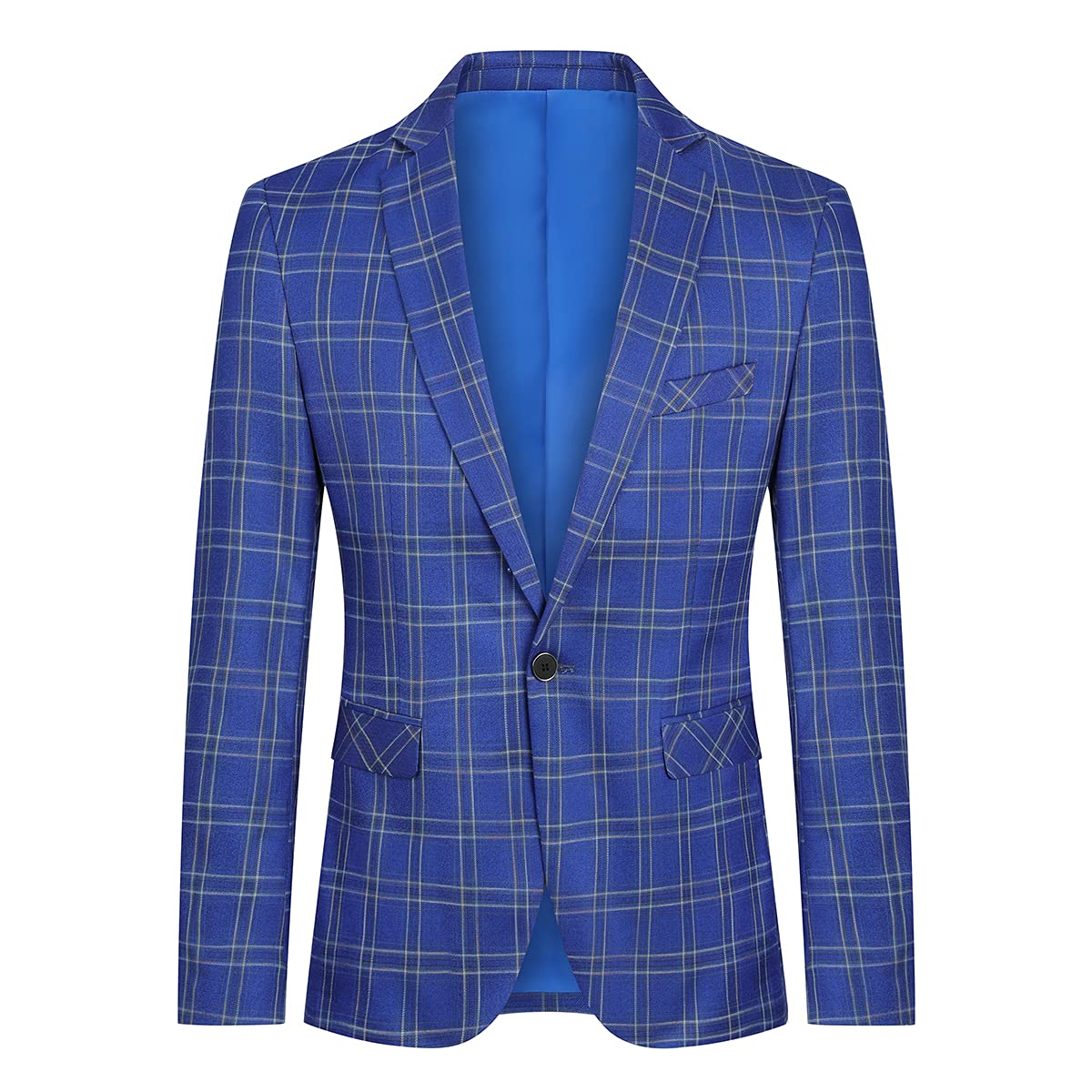 Blue # Men's slim fit plaid suit blazer, 1-button notched lapel sport coat with back vent and full lining, stylish blue tartan jacket for wedding, prom, business, party and daily wear, isolated on white background.