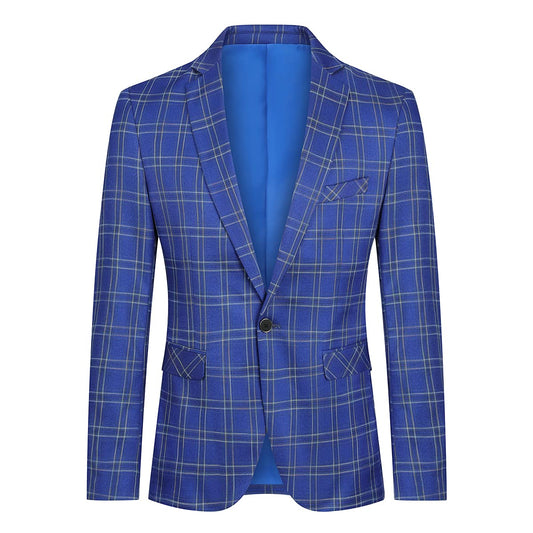 Blue # Men's slim fit plaid suit blazer, 1-button notched lapel sport coat with back vent and full lining, stylish blue tartan jacket for wedding, prom, business, party and daily wear, isolated on white background.
