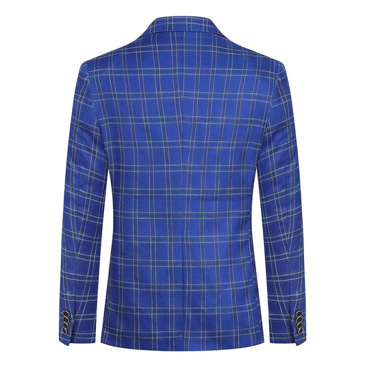 Blue # Men's slim fit plaid suit blazer, 1-button notched lapel sport coat with back vent and full lining, stylish blue tartan jacket for wedding, prom, business, party and daily wear, isolated on white background.