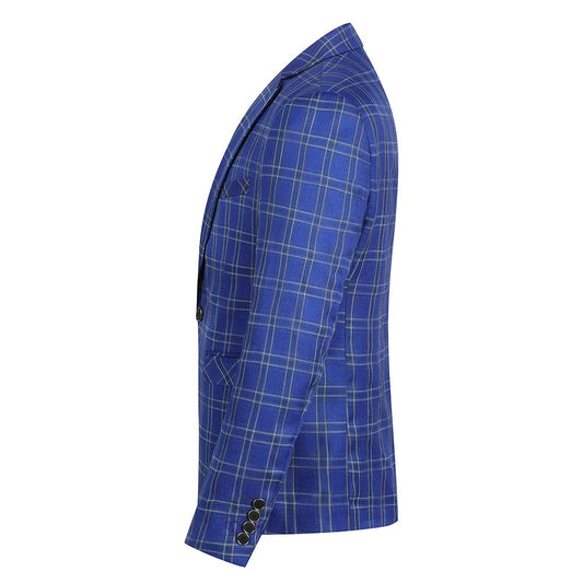 Blue # Men's slim fit plaid suit blazer, 1-button notched lapel sport coat with back vent and full lining, stylish blue tartan jacket for wedding, prom, business, party and daily wear, isolated on white background.
