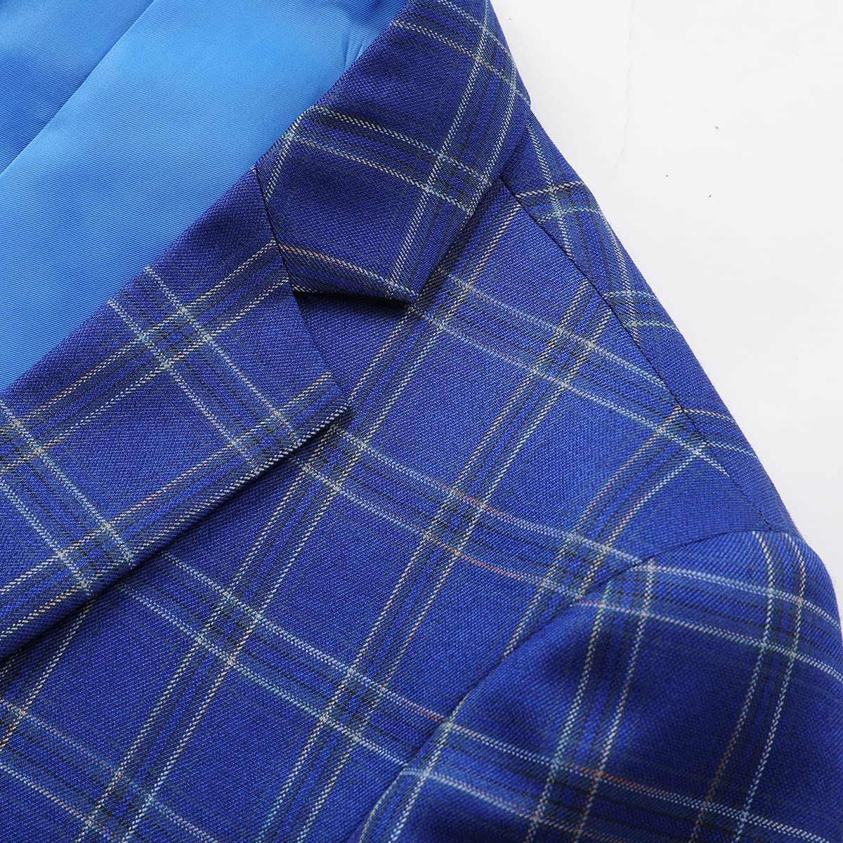 Blue # Men's slim fit plaid suit blazer, 1-button notched lapel sport coat with back vent and full lining, stylish blue tartan jacket for wedding, prom, business, party and daily wear, isolated on white background.