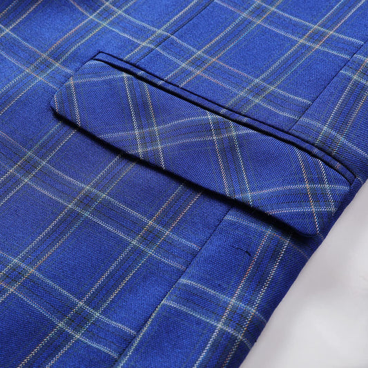 Blue # Men's slim fit plaid suit blazer, 1-button notched lapel sport coat with back vent and full lining, stylish blue tartan jacket for wedding, prom, business, party and daily wear, isolated on white background.