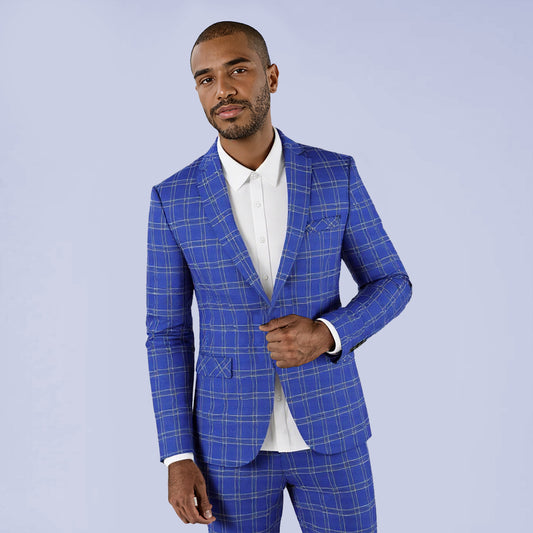 Blue # Men's slim fit plaid suit blazer, 1-button notched lapel sport coat with back vent and full lining, stylish blue tartan jacket for wedding, prom, business, party and daily wear, isolated on white background.