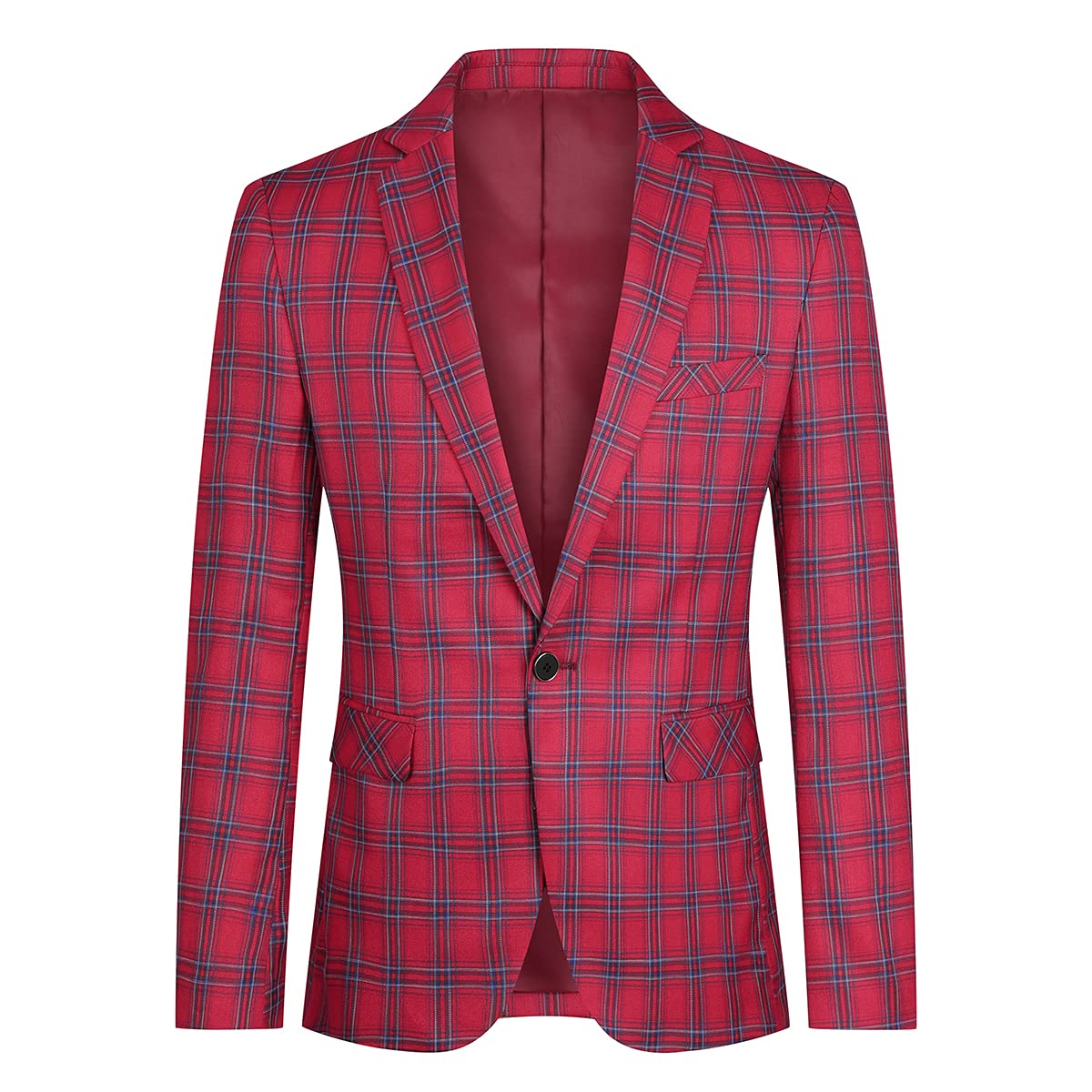 Red # Men's slim fit 1-button plaid suit blazer, red tartan sport coat with notched lapel and back vent, stylish tweed jacket with flap pockets and full lining for wedding, prom, business, party and daily wear, isolated on white background.