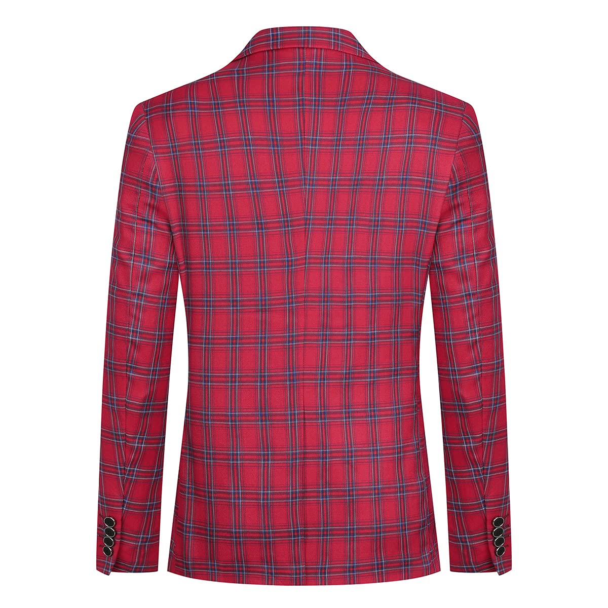 Red # Men's slim fit 1-button plaid suit blazer, red tartan sport coat with notched lapel and back vent, stylish tweed jacket with flap pockets and full lining for wedding, prom, business, party and daily wear, isolated on white background.