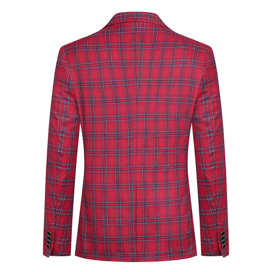 Red # Men's slim fit 1-button plaid suit blazer, red tartan sport coat with notched lapel and back vent, stylish tweed jacket with flap pockets and full lining for wedding, prom, business, party and daily wear, isolated on white background.