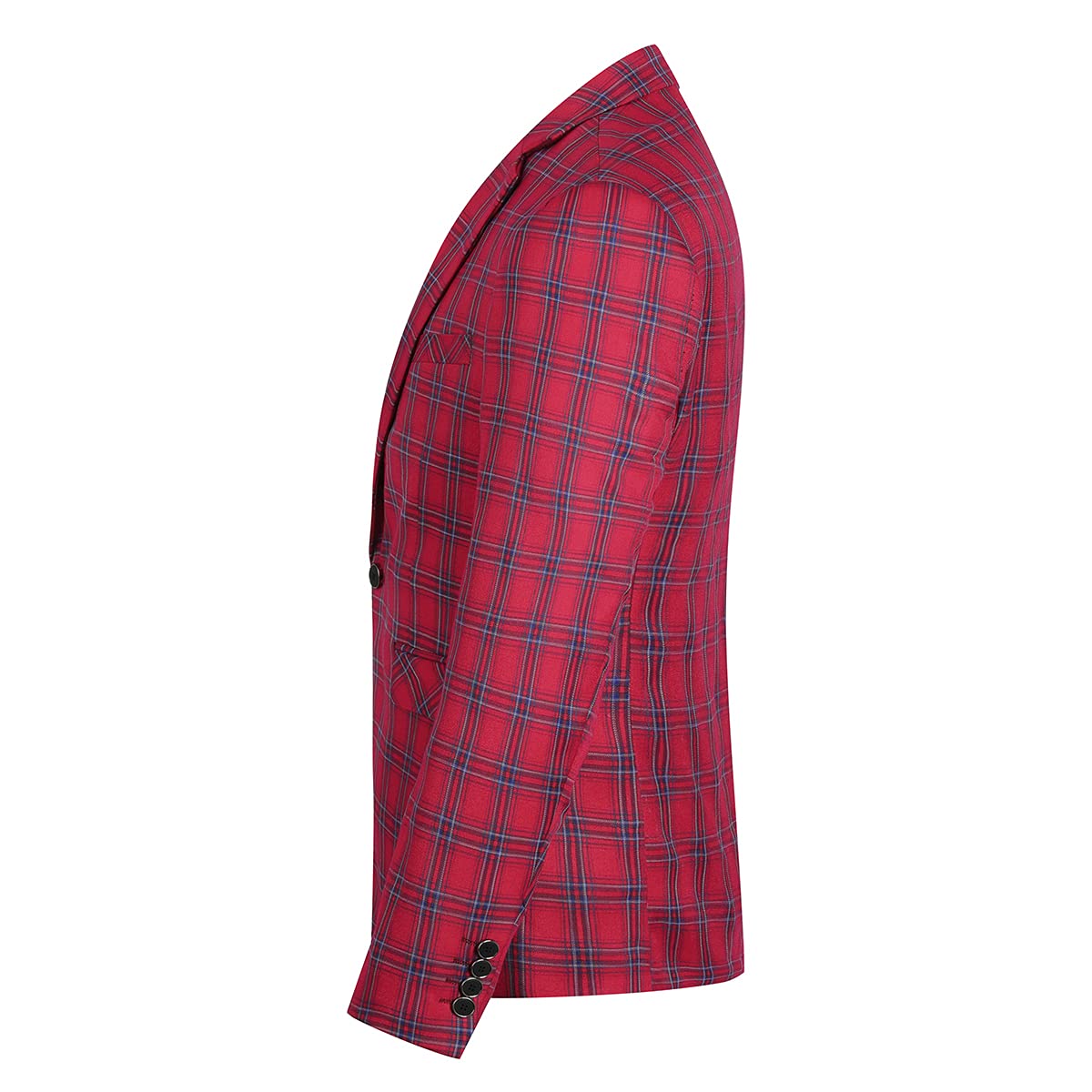 Red # Men's slim fit 1-button plaid suit blazer, red tartan sport coat with notched lapel and back vent, stylish tweed jacket with flap pockets and full lining for wedding, prom, business, party and daily wear, isolated on white background.