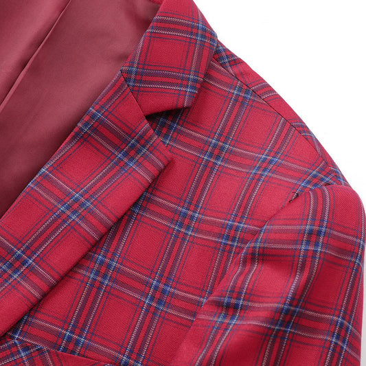 Red # Men's slim fit 1-button plaid suit blazer, red tartan sport coat with notched lapel and back vent, stylish tweed jacket with flap pockets and full lining for wedding, prom, business, party and daily wear, isolated on white background.