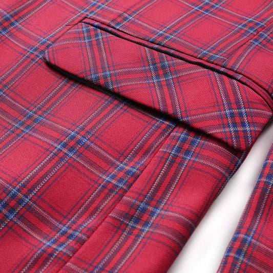 Red # Men's slim fit 1-button plaid suit blazer, red tartan sport coat with notched lapel and back vent, stylish tweed jacket with flap pockets and full lining for wedding, prom, business, party and daily wear, isolated on white background.