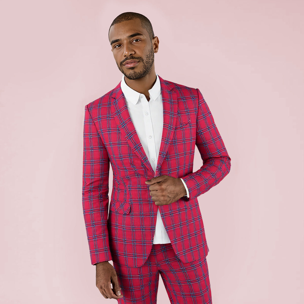 Red # Men's slim fit 1-button plaid suit blazer, red tartan sport coat with notched lapel and back vent, stylish tweed jacket with flap pockets and full lining for wedding, prom, business, party and daily wear, isolated on white background.