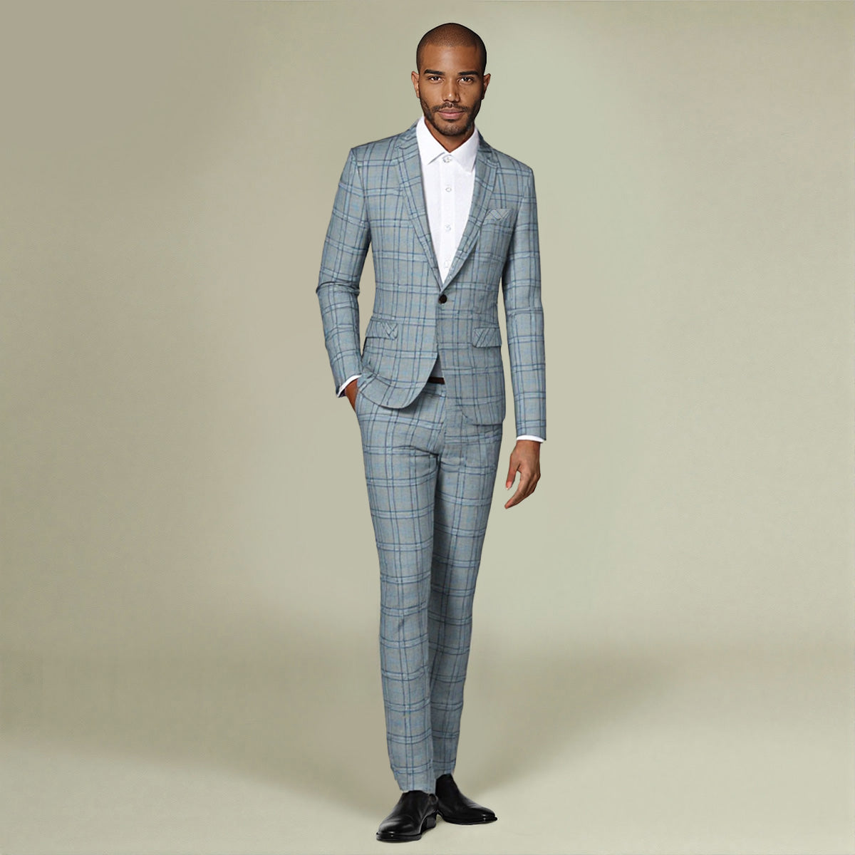 Grey # Men's slim fit 2-piece plaid stripe casual suit with notched lapel and single-breasted closure, grey checkered blazer jacket with 3D tailored cut and matching trousers, versatile business and casual wear for office, wedding, party and daily occasions, isolated on white background.